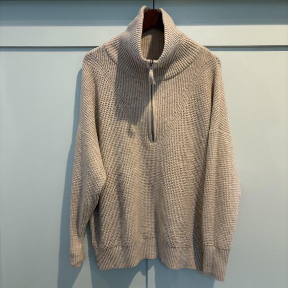 Aerie Sweater Womens Medium Cream Half Zip Waffle Knit Mock Neck Pullover Chunky - Picture 1 of 12